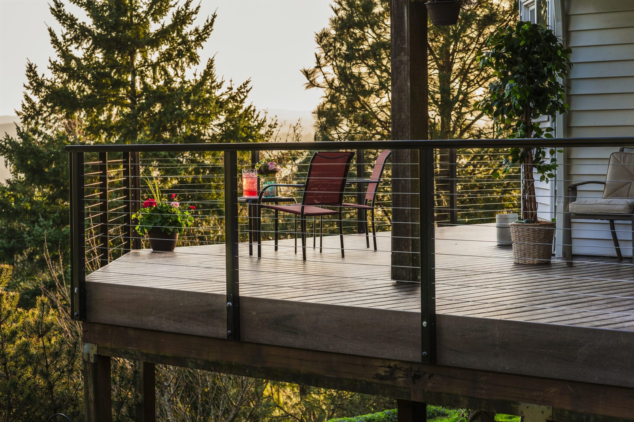 Finished wood deck with black railing
